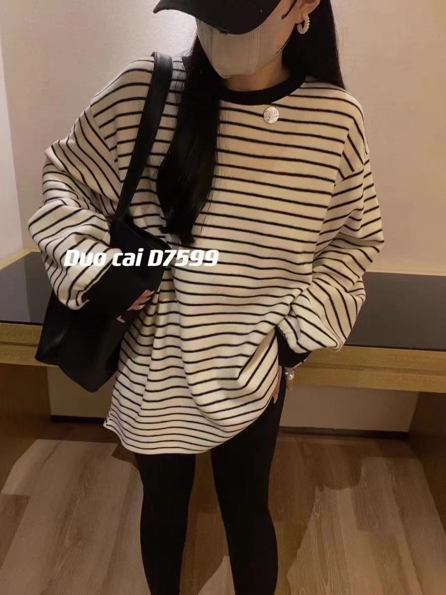 多彩拼色圓領亮片條紋衛衣女韓版中長款寬鬆秋季休閒上衣潮