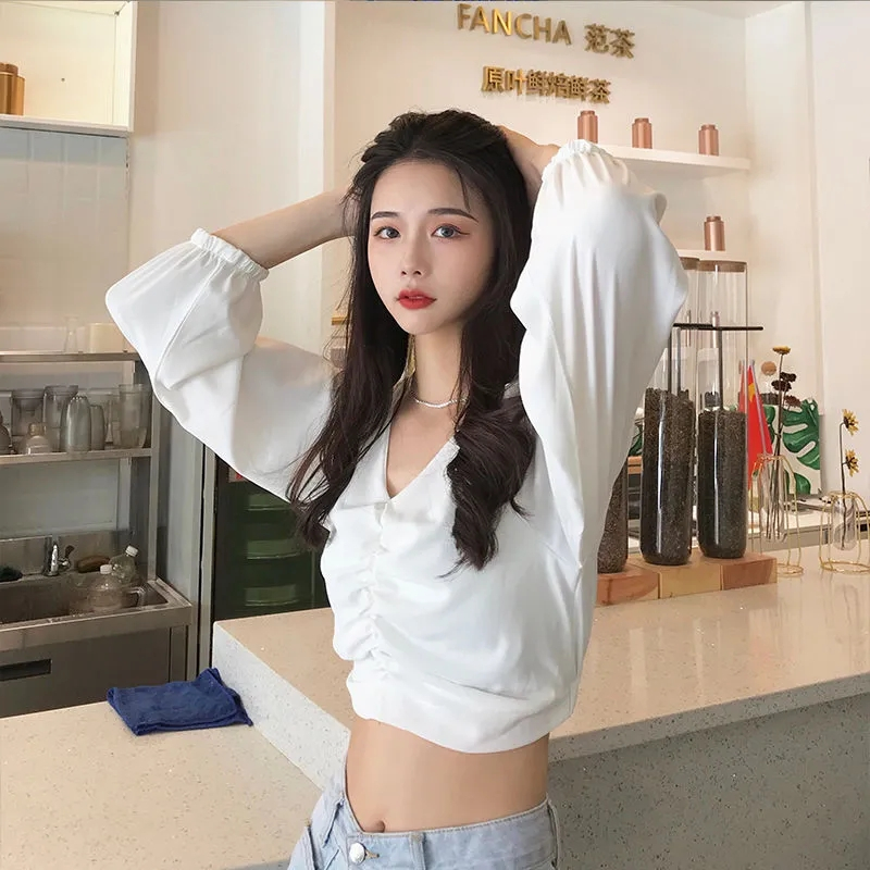原版做法 設計感V領收腰短款襯衫復古港風泡泡袖寬鬆長袖上衣