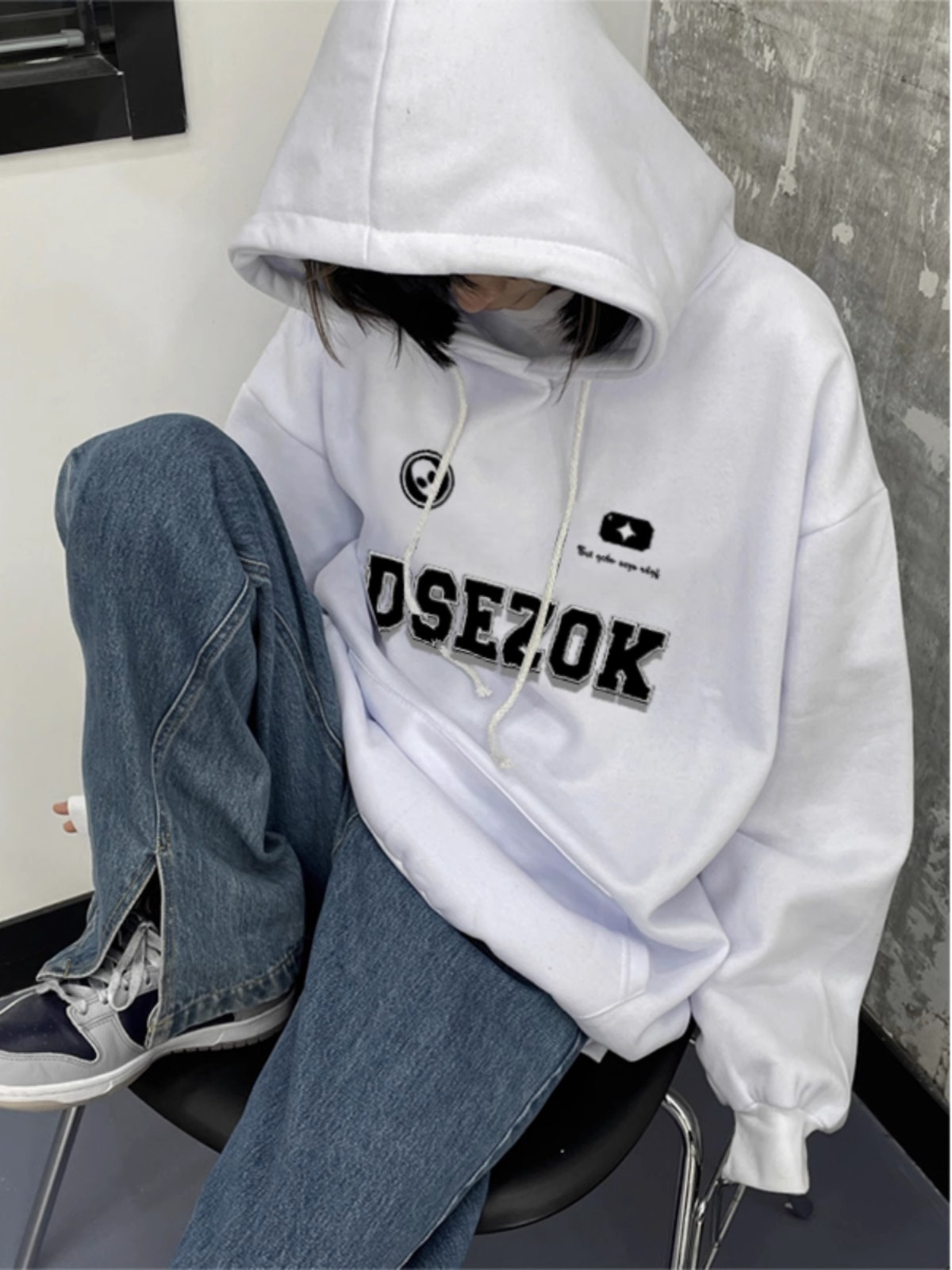 純棉 加絨 美式慵懶風字母印花雙層連帽衛衣