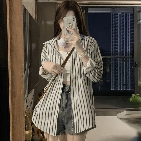 復古條紋襯衫韓版寬鬆百搭設計感小眾休閒襯衣