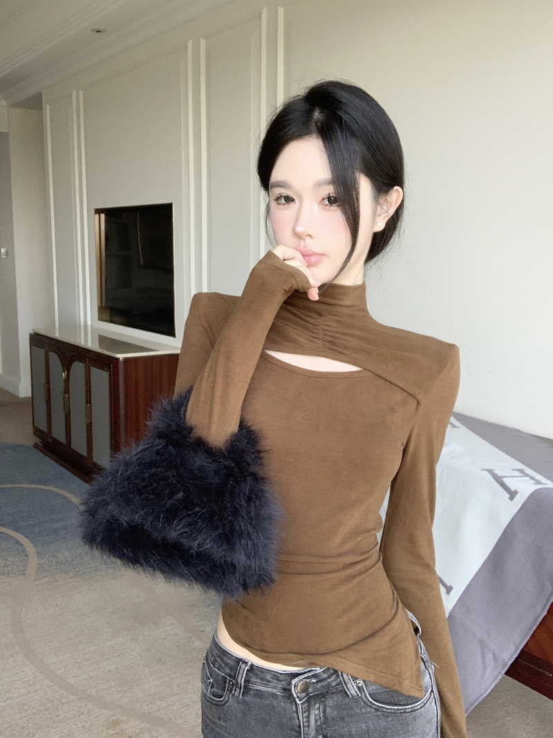 實拍 半高領長袖修身不規則上衣2023甜酷辣妹風百搭打底衫女