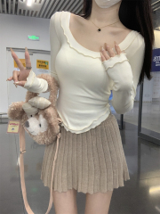 Autumn and Winter Korean Version Slim U Neck Pure Desire Ruffled Design Pure Cotton Long Sleeve T-Shirt Top 