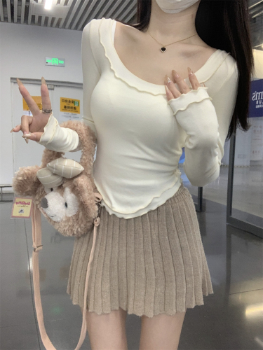 Autumn and Winter Korean Version Slim U Neck Pure Desire Ruffled Design Pure Cotton Long Sleeve T-Shirt Top