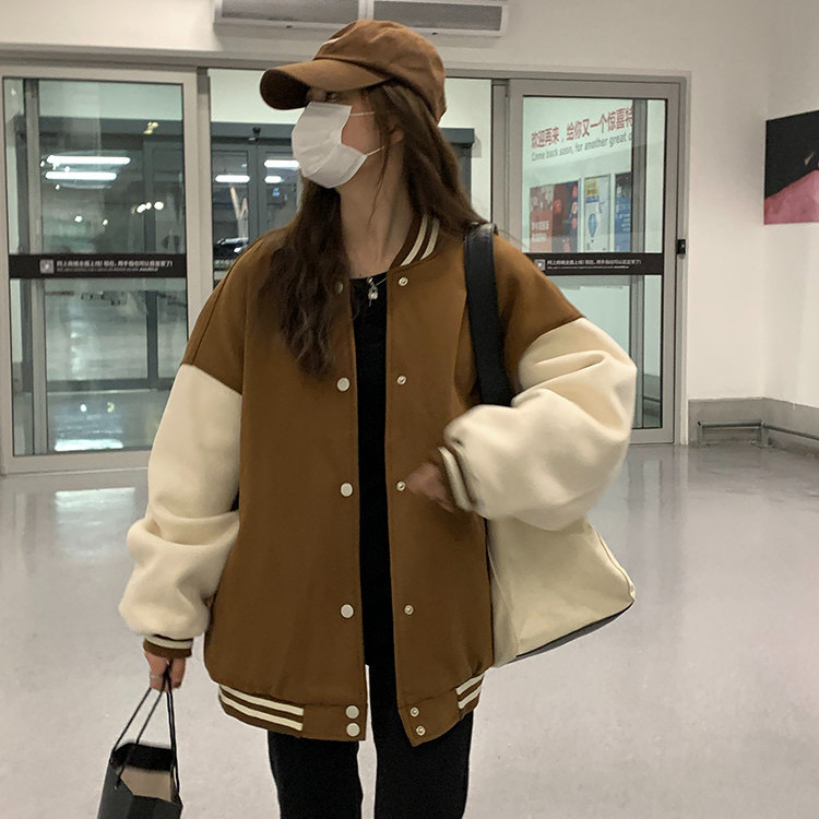 American contrasting color splicing long-sleeved cardigan baseball uniform for women spring and autumn loose casual oversize jacket top coat