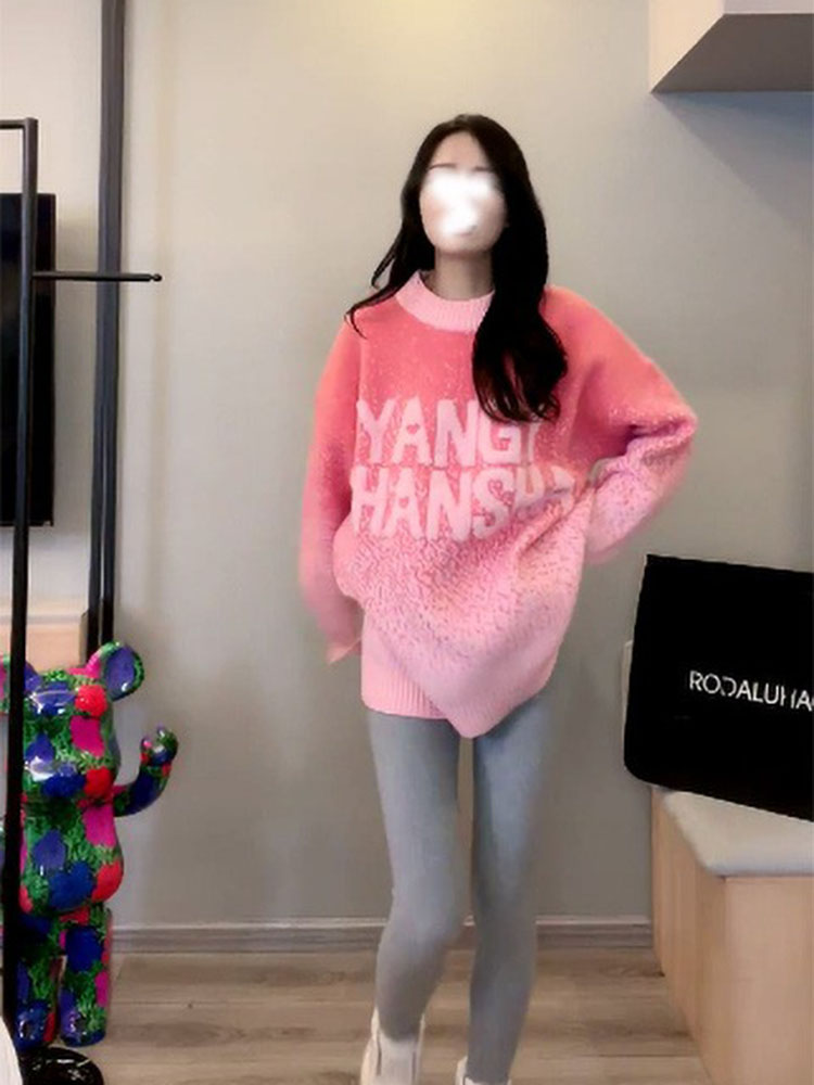 粉黛少女冬雙色漸變字母毛衣女秋季寬鬆休閒小眾復古軟糯圓領上衣