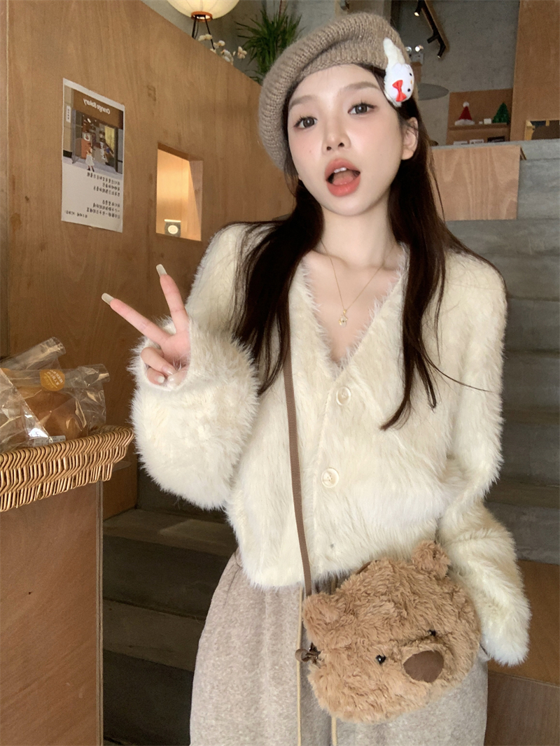 實拍  軟糯水貂毛開衫純色毛衣