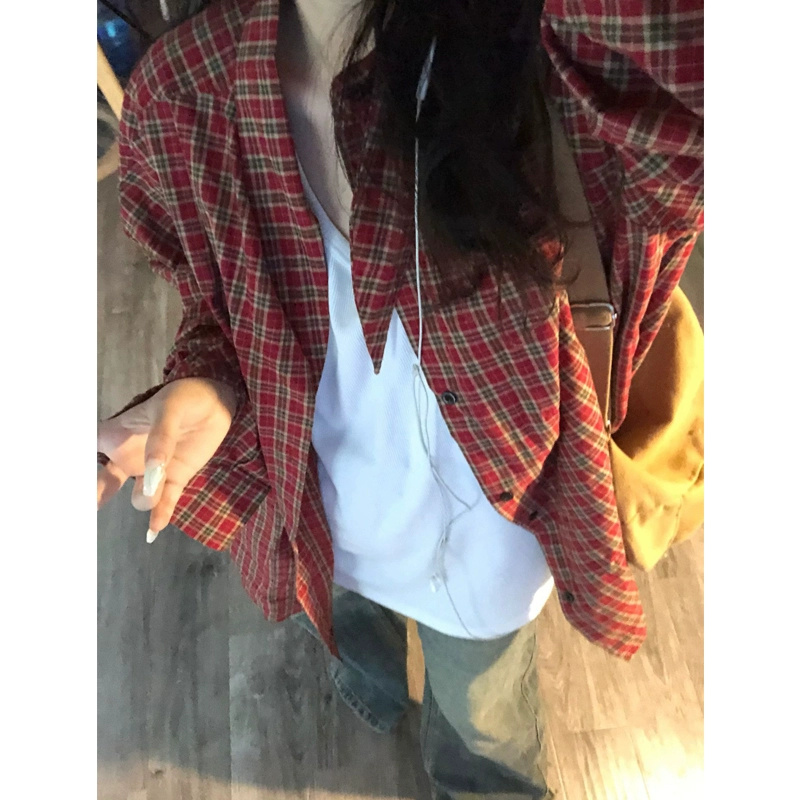 美式復古慵懶風寬鬆格子長袖襯衫女春秋薄款2023新款法式上衣外套