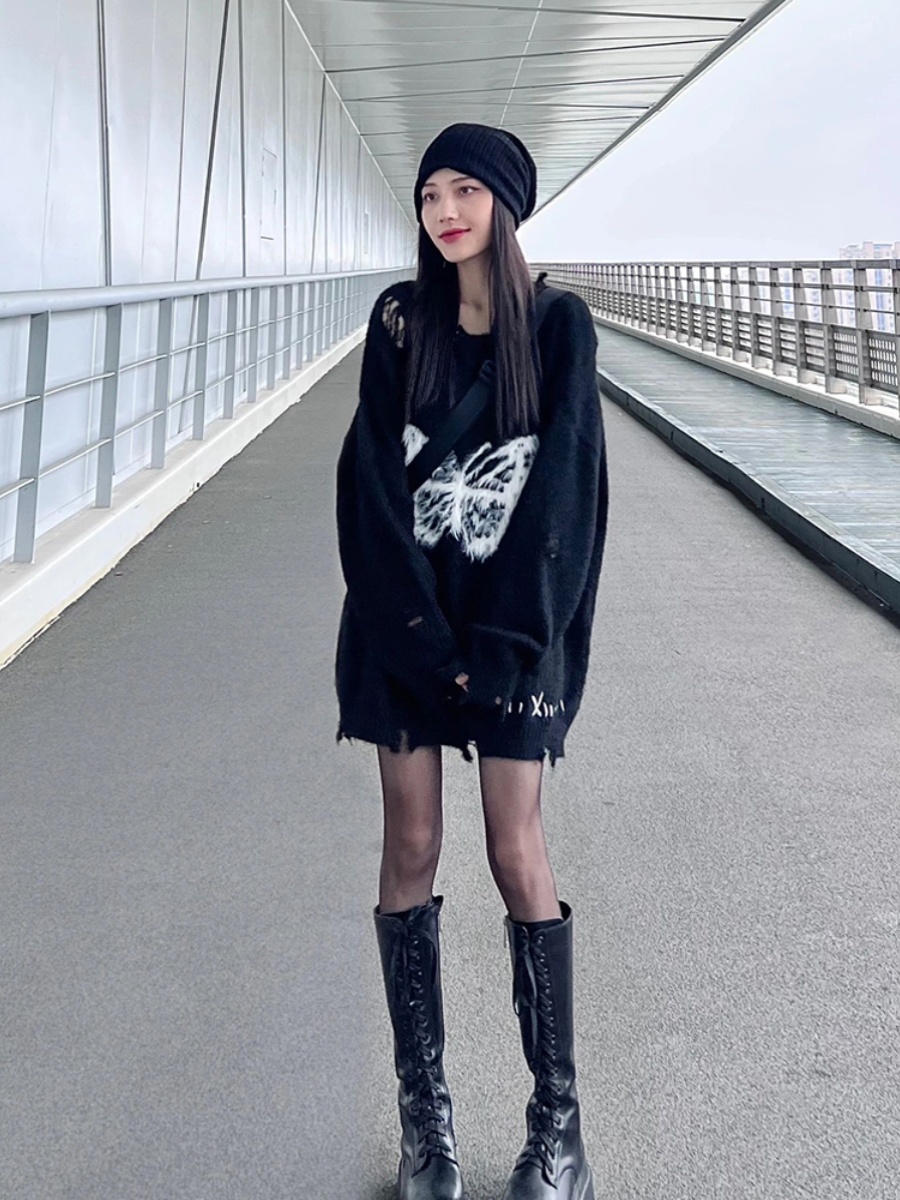 韓系毛絨蝴蝶結慵懶風毛衣女寬鬆秋冬季設計感小眾破洞針織衫上衣