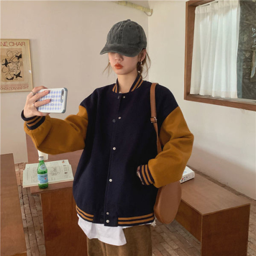 Retro Hong Kong style velvet jacket for women winter thickened loose bf Japanese style Harajuku style baseball uniform jacket top ins trend