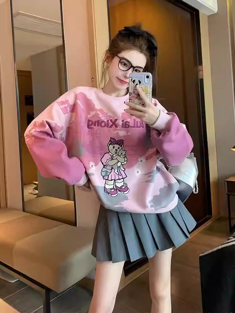 扎染圓領衛衣女2023新款春秋設計感小眾洋氣減齡oversize百搭上衣