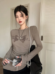 Retro LOGO print soft touch texture winter and autumn two-way design long-sleeved slim fit base layer top