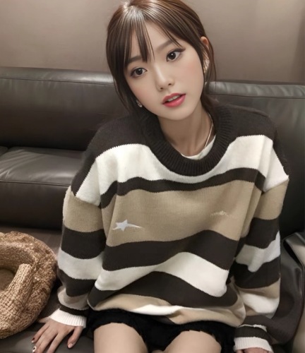 Autumn and winter clothing Korean ins high-end star embroidered stripes contrast sweater large plate type large size round neck sweater