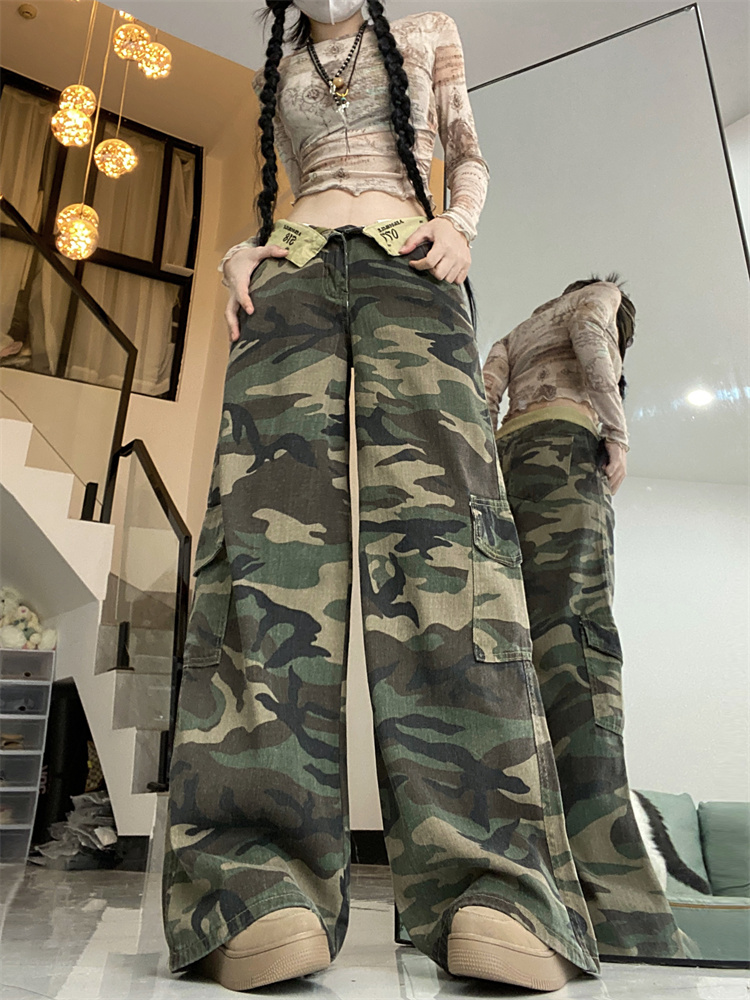 ！工裝褲多巴胺穿搭迷彩遮肉歐美高街翻邊設計直筒褲ins