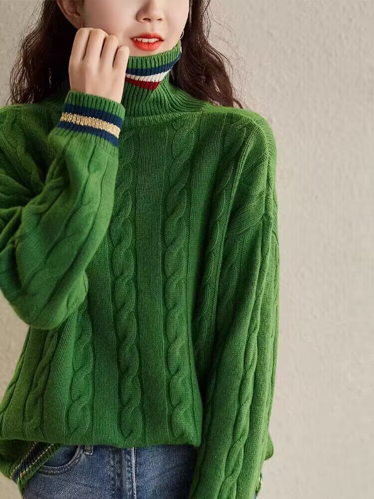 洋氣別致撞色高領羊毛針織衫女秋冬新款復古休閒寬鬆百搭加厚毛衣