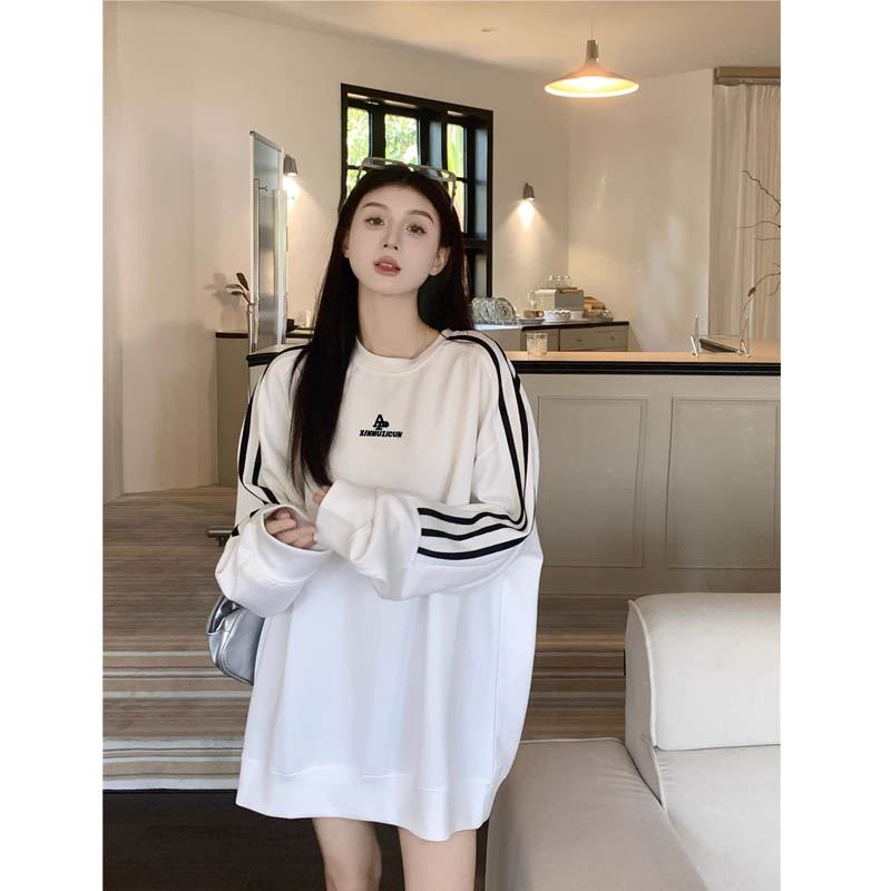 慵懶風白色條紋長袖衛衣女秋季韓版寬鬆休閒中長款上衣