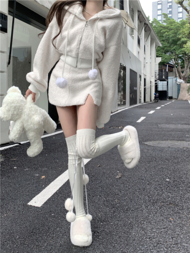 Imitation lamb wool pure lust style cardigan jacket two-piece set for women new autumn and winter high waist skirt suit short skirt