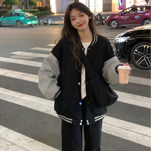 American contrasting color splicing long-sleeved cardigan baseball uniform for women spring and autumn loose casual oversize jacket top coat