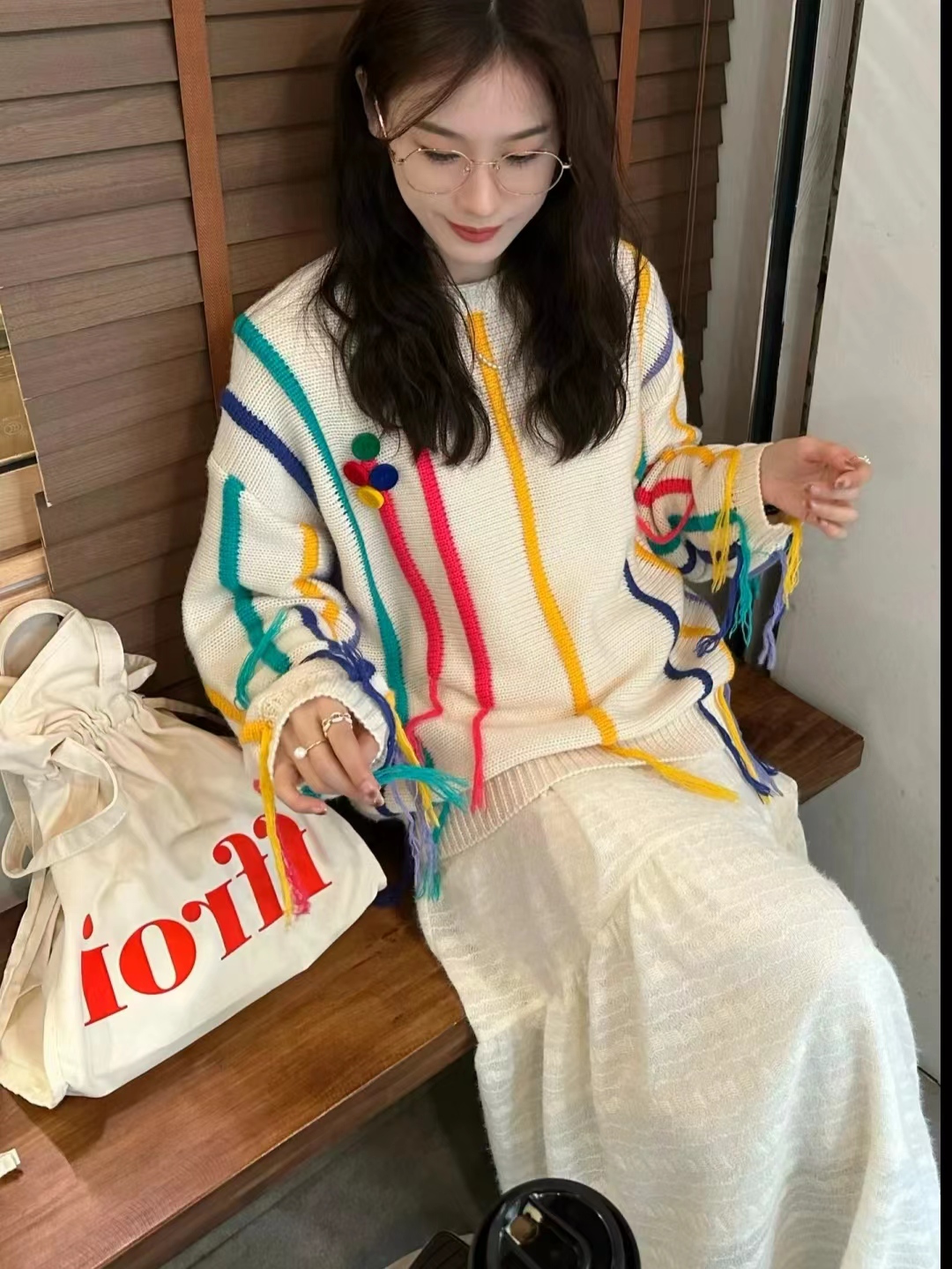 秋冬新款設計感彩色流蘇豎條圓領毛衣女寬鬆顯瘦加厚針織衫