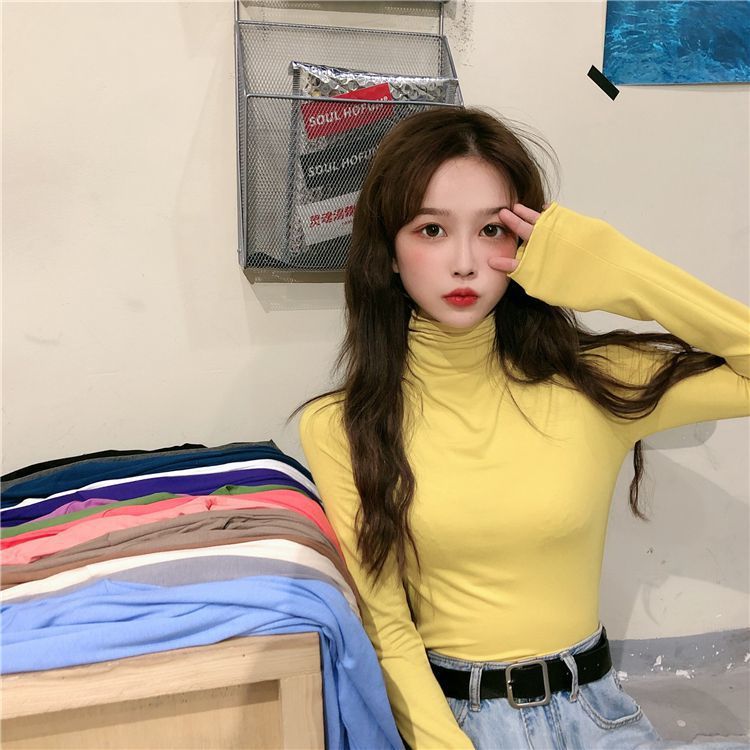 High-necked long-sleeved T-shirt for women autumn and winter 2023 new Korean style niche tops girls slim-fitting inner layering shirts