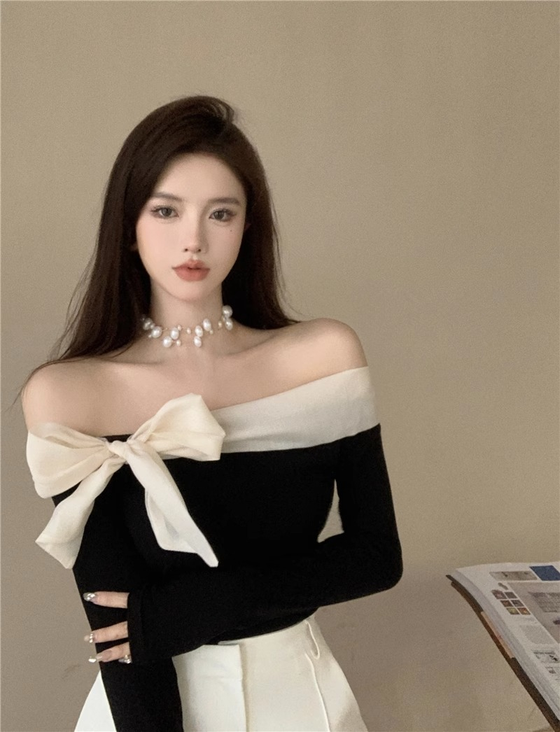 One-shoulder bow long-sleeved T-shirt for women in autumn, gentle temperament, slim short style, contrasting color splicing top
