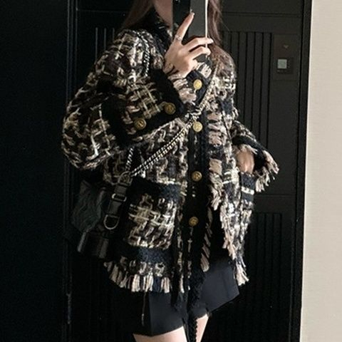 小香風外套韓系穿搭鹽系富家千金風黑金流蘇別致秋季2023新款女裝