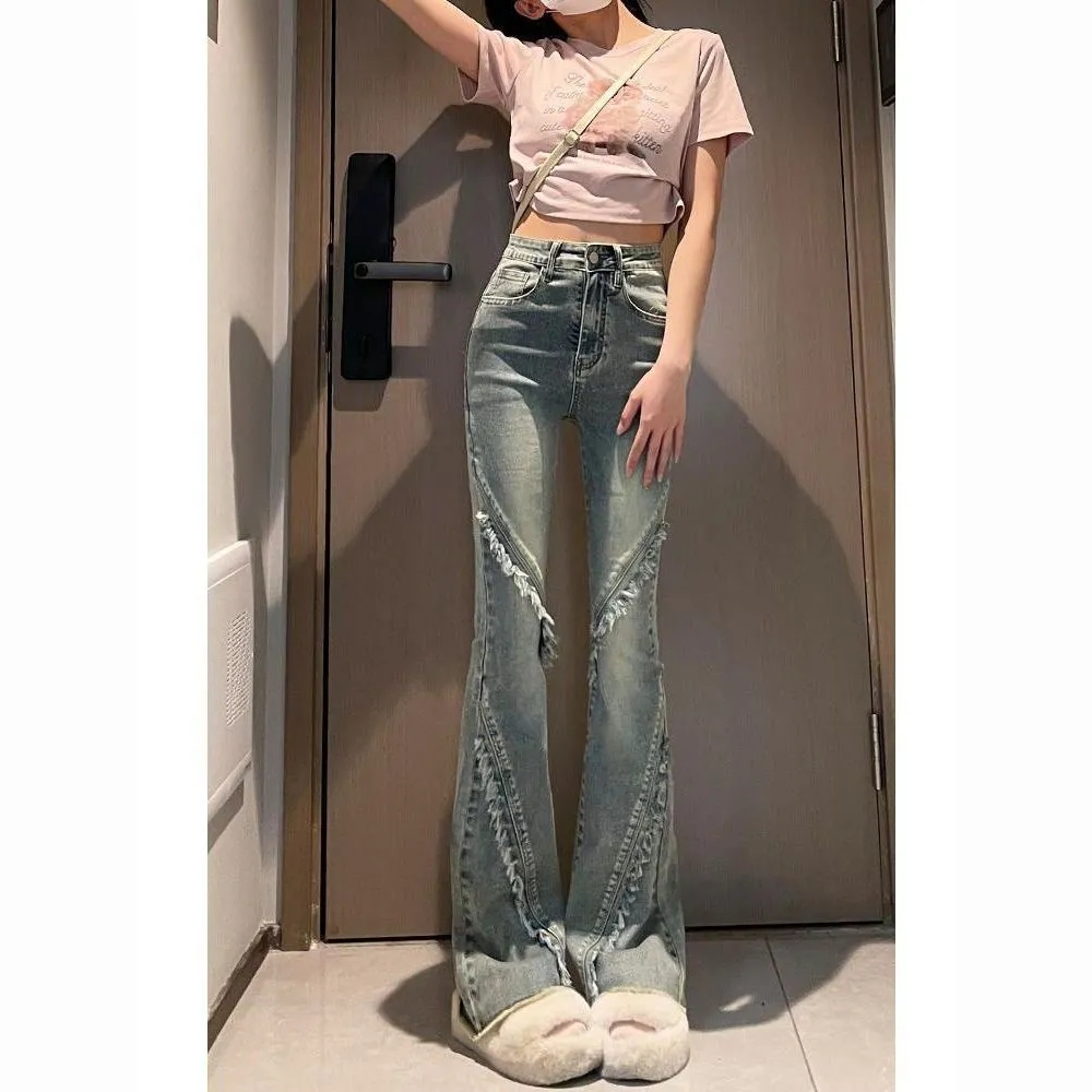 流蘇微喇牛仔褲女春秋款2023年新款百搭顯瘦高腰馬蹄褲毛邊喇叭褲