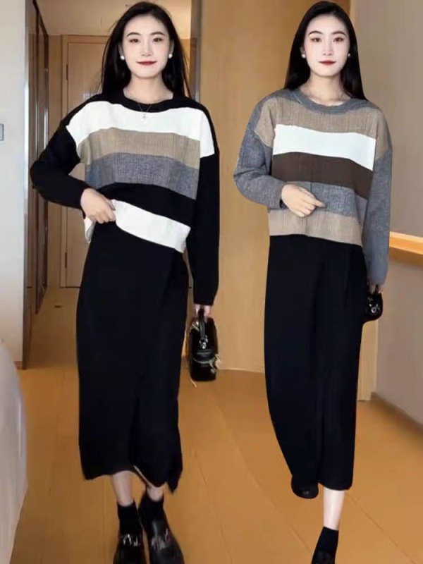 拼接撞色條紋毛衣女2023秋裝新款圓領套頭寬鬆簡約百搭短款針織衫
