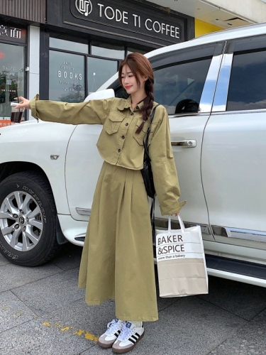 新款韩版短款洋气工装外套＋宽松显瘦伞形半身裙套装女