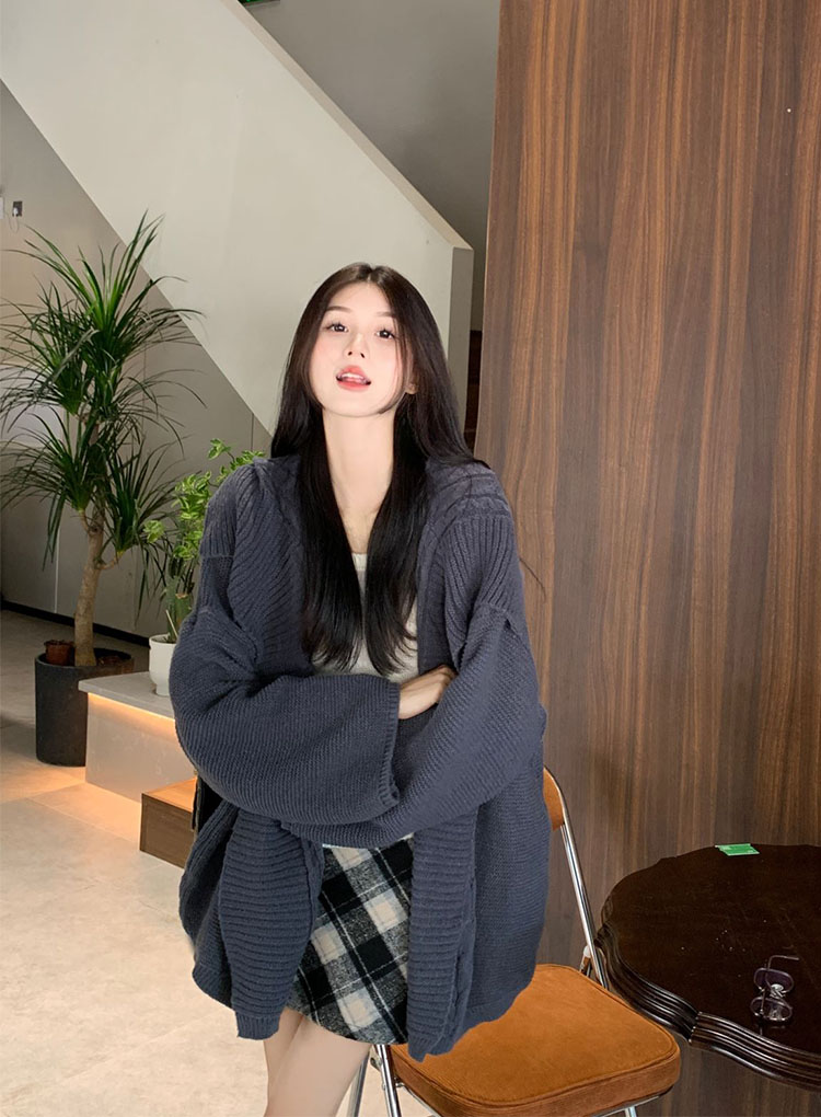 美麗加氛~韓chic簡約大翻領灰色毛衣針織開衫