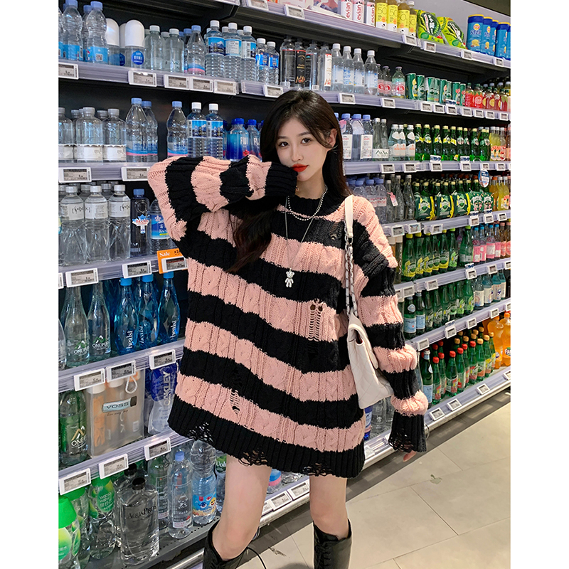 慵懶風條紋破洞長袖毛衣女秋冬2023新款甜辣妹寬鬆中長款針織上衣