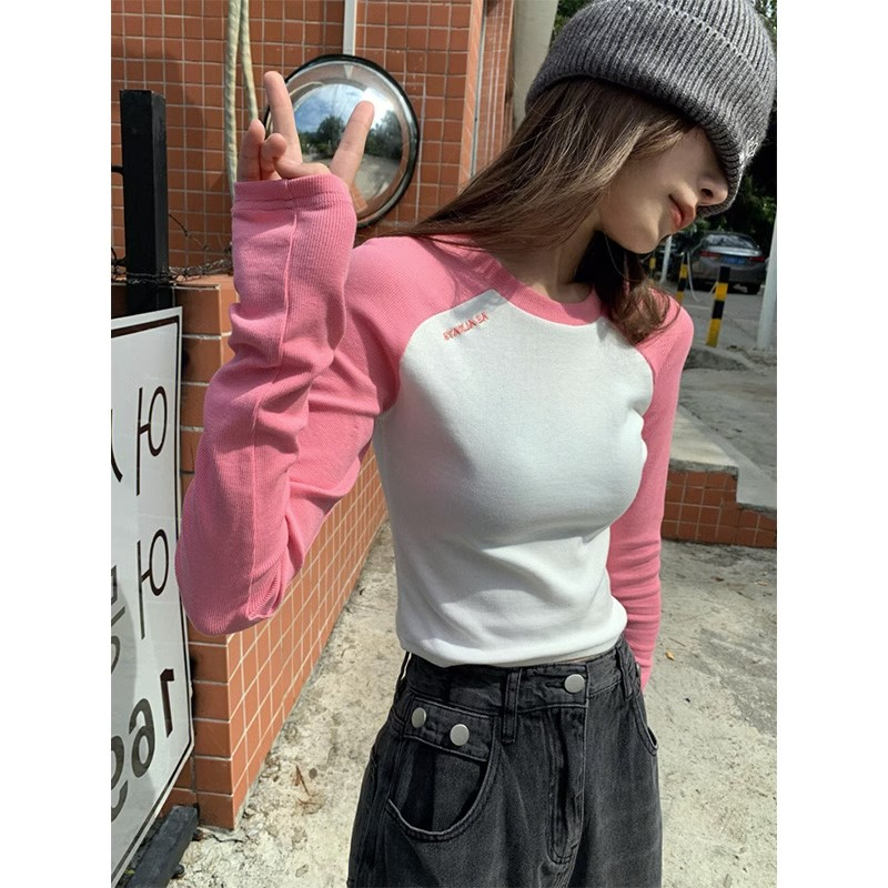 字母刺繡撞色短款長袖T恤女
