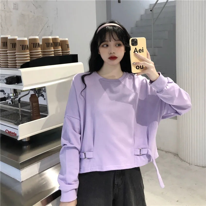 慵懶風秋季設計感寬鬆短款無帽流行糖果色長袖衛衣上衣女