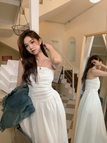 Sunset Evening Breeze White Breast Wrapped Dress Women's Spring and Autumn Long Tube Top Dress Pure Desire Bottoming Dress
