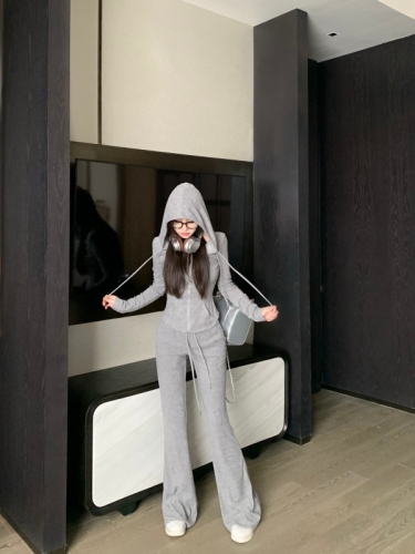 Casual sports suit autumn hooded sweatshirt floor-length micro-flared pants two-piece set