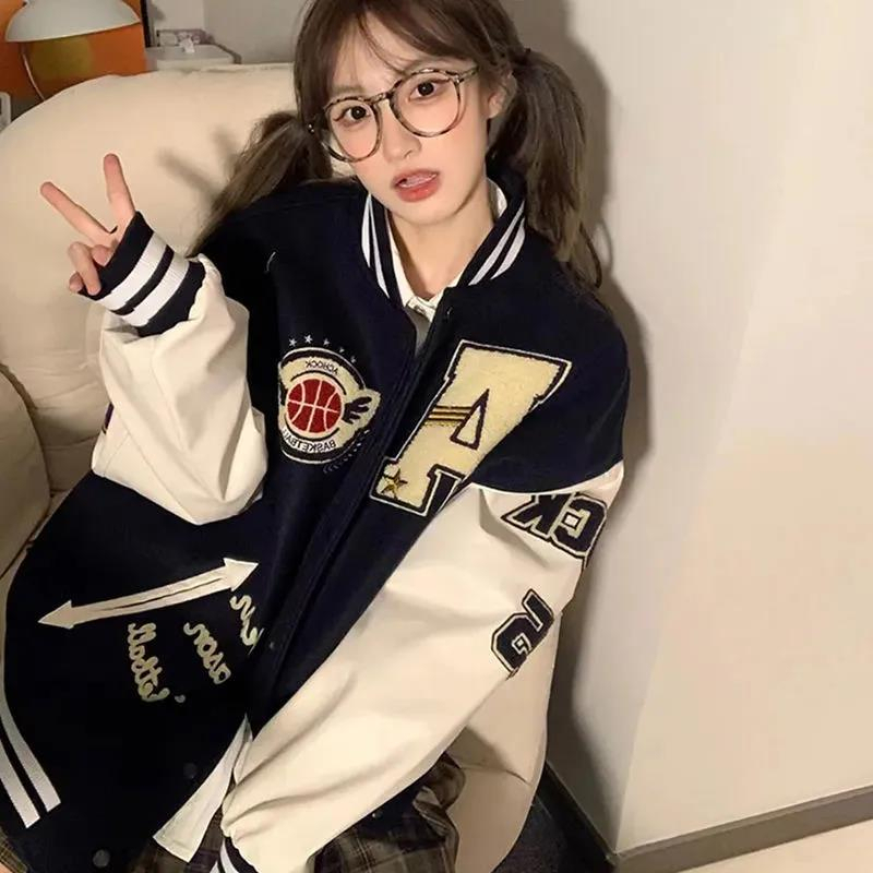 American trendy brand baseball uniform for women spring and autumn 2023 new Korean style hip-hop loose pu leather sleeve student bf jacket jacket
