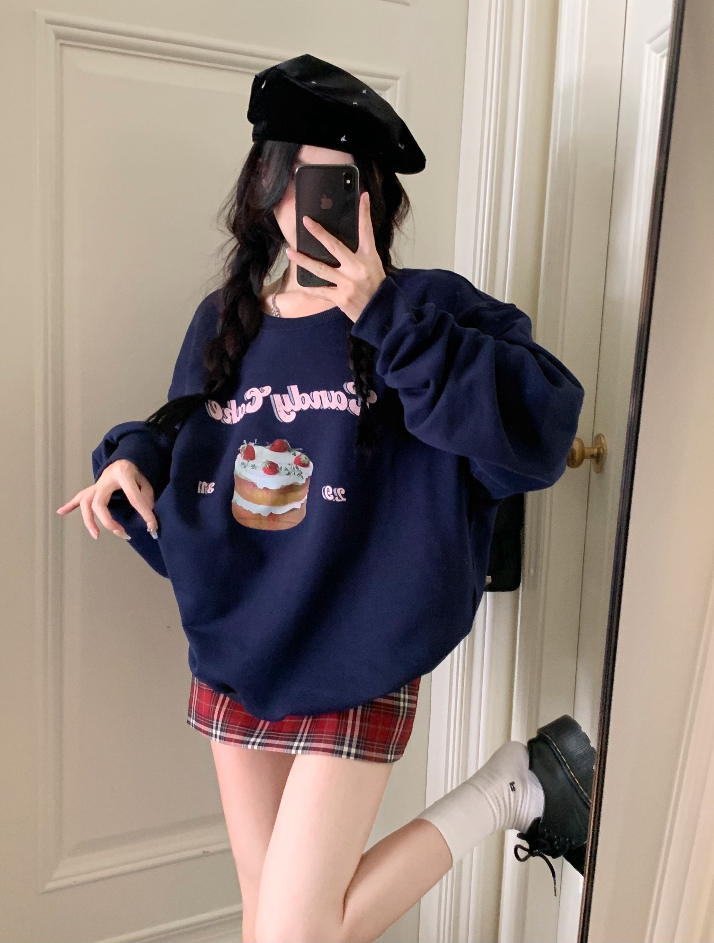 甜美減齡趣味印花長袖套頭衛衣女早秋休閒顯瘦中長款上衣