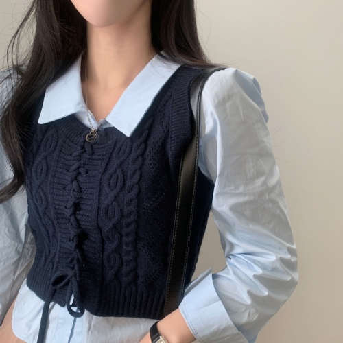 韩国ins气质短款长袖衬衫+绑带麻花修身背心毛衣套装