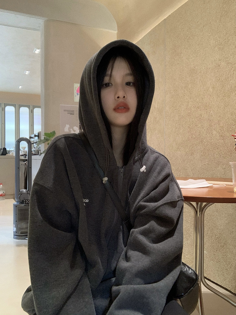 春秋新款連帽衛衣女復古字母刺繡oversize拉鏈外套潮