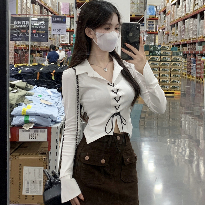 天貓質量-短款t恤女春秋辣妹綁帶修身顯瘦polo領長袖打底衫上衣