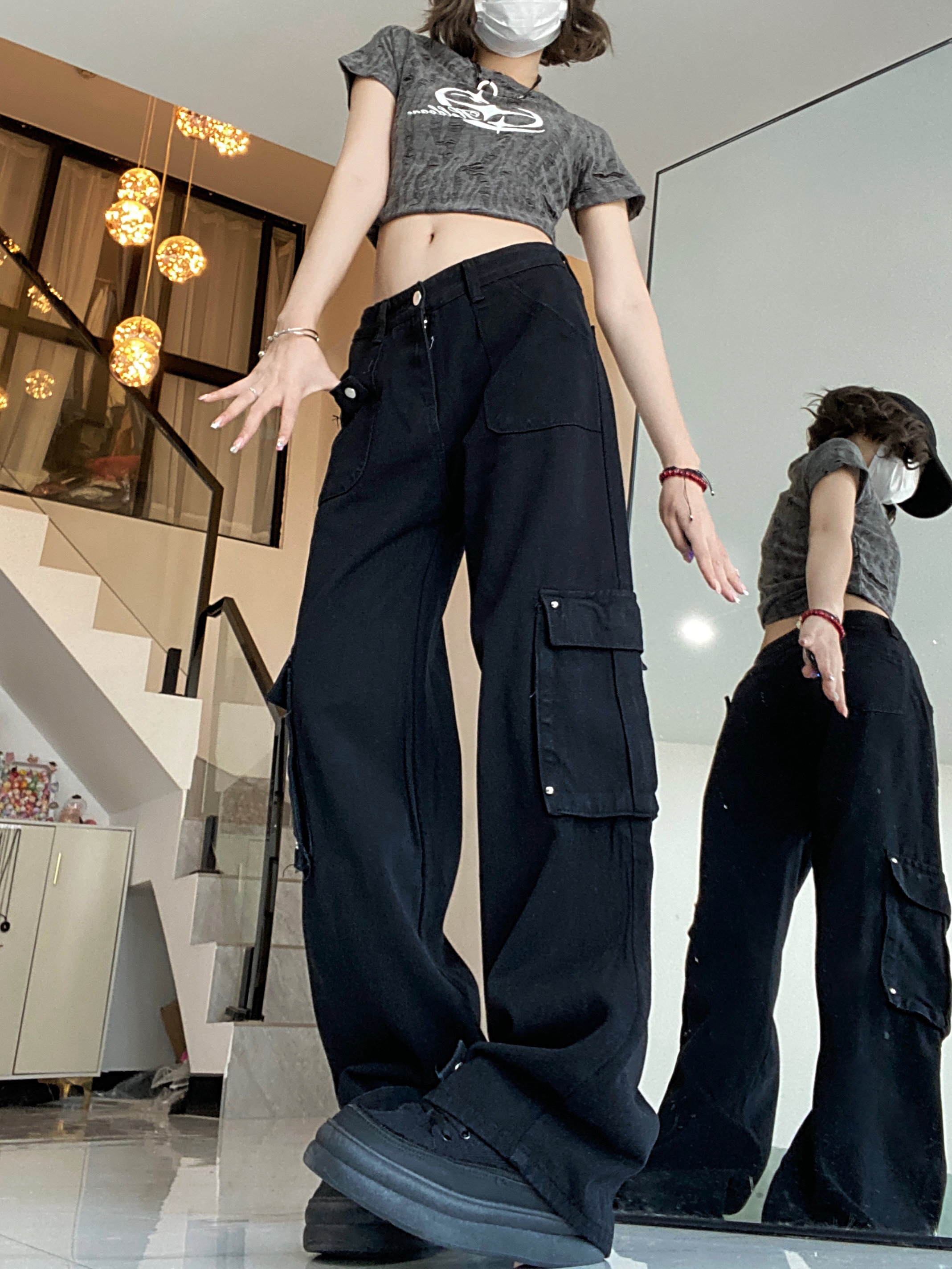 !  Hot girl black denim overalls women's high waist street washed straight wide leg pants casual