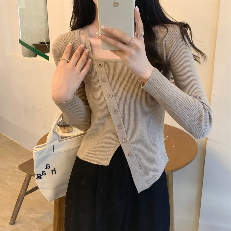 秋冬韓版修身方領內搭不規則別致設計感針織打底衫毛衣