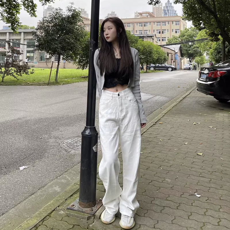 美式高街辣妹白色牛仔闊腿褲2023新款高腰休閒直筒長褲子女春秋季