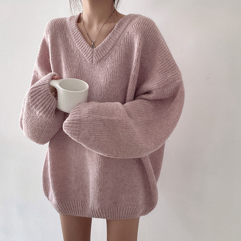 Korean chic lazy loose V-neck mid-length pullover sweater long-sleeved warm knitted sweater for women