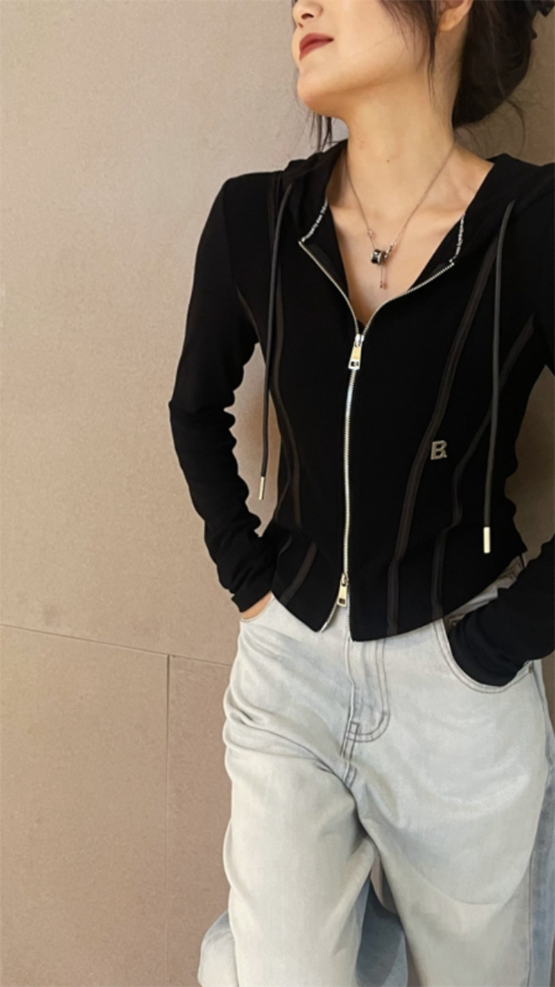 SJBY short hooded top for women 2023 autumn casual long-sleeved knitted zipper hoodie base cardigan