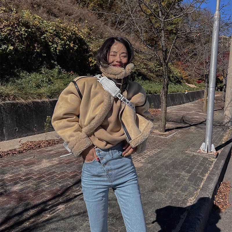 High collar nubuck fur coat with belt buckle
