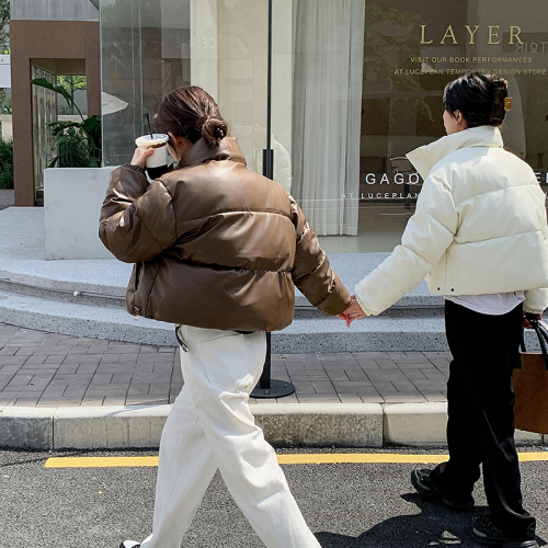 欧美短款羽绒服女冬季宽松显瘦加厚PU皮小个子面包服棉服外套