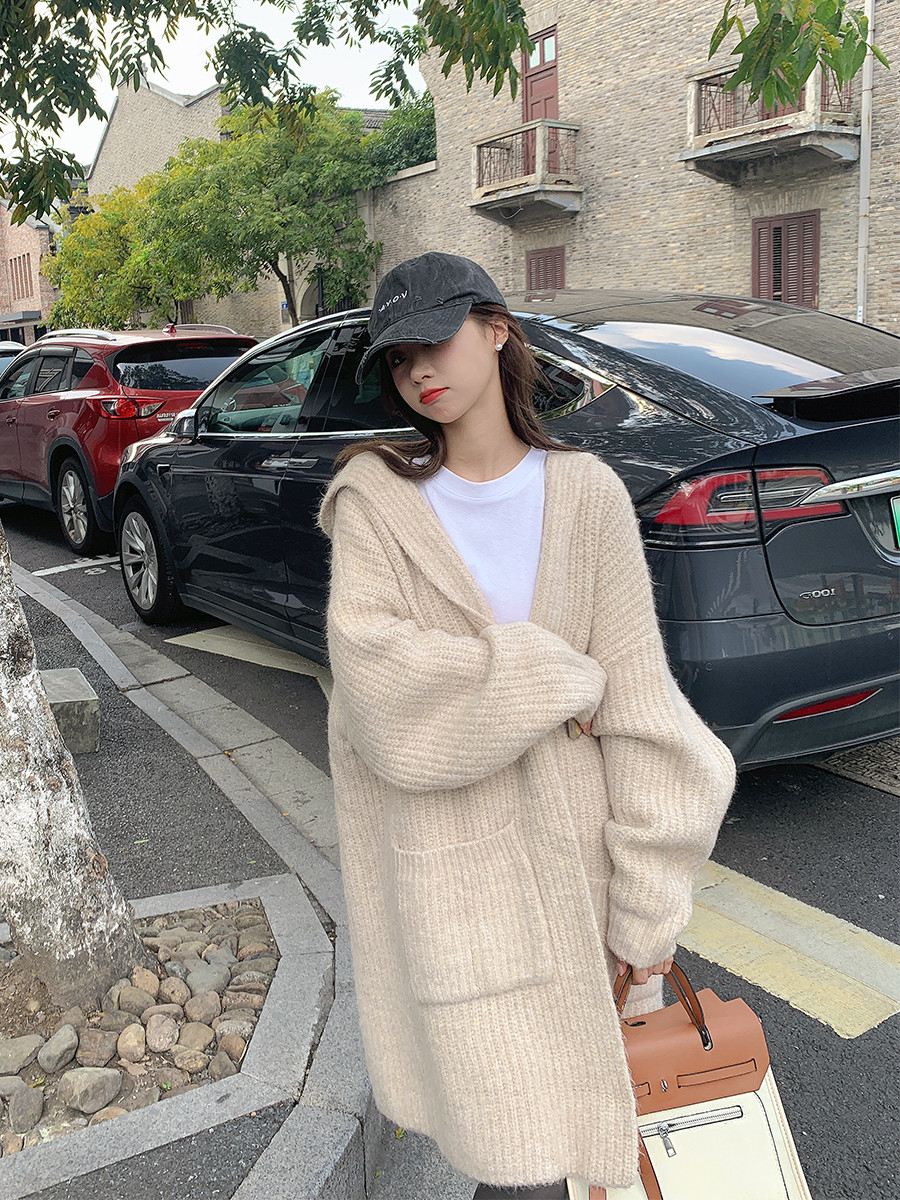 中長款慵懶風外搭連帽毛衣外套女秋冬新款大口袋寬鬆針織開衫上衣
