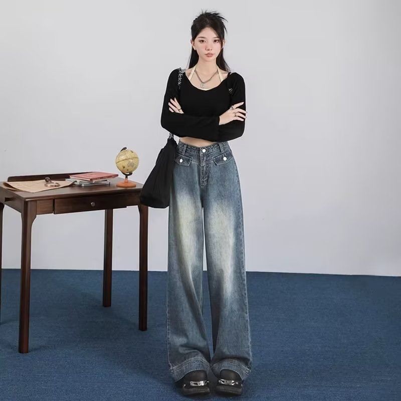 美式復古闊腿牛仔褲女秋季2023新款高腰寬鬆垂感顯瘦直筒拖地褲子