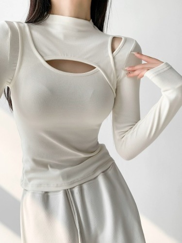 American hot girl style half turtleneck long-sleeved T-shirt for women with design sense stitching hollow bottoming shirt slim slimming top autumn