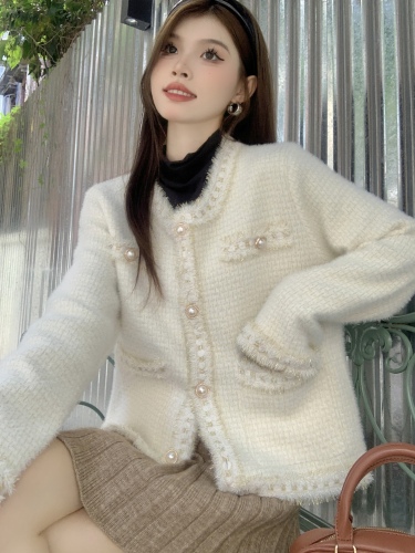 Autumn New French White Small Fragrance Cardigan Jacket Women's Short Top